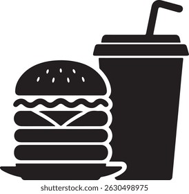 Eine klassische, schwarz-weiße Vektorgrafik zeigt einen einfachen, isolierten Hamburger neben einer Getränketasse mit Stroh. 