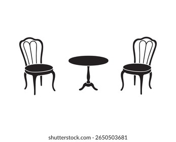 Classic Black and White Vector Illustration of a Small Table and Two Chairs