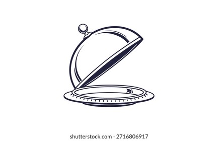 Ilustración vectorial clásica en blanco y negro de un cloche de servicio (cubierta de alimentos). Elegante arte de línea perfecto para restaurante, catering, hospitalidad, servicio de comida, diseño de menú y visuales de concepto culinario.
