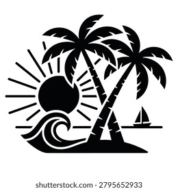 A classic black and white vector illustration in image_646518.png depicting a serene tropical island scene. The graphic features two crossed palm trees, a large sun with radiating rays, a stylized ocean wave, and a small sailboat drifting on the horizon. Ideal for travel agency logos, summer vacation apparel, surf shop branding, and coastal-themed designs.