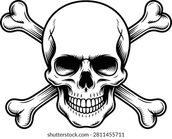 A classic black and white vector illustration of a human skull with crossbones, commonly used as a warning sign or pirate symbol. This detailed graphic represents danger, poison, and mortality.