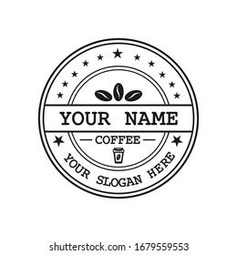 A classic black and white vector logo featuring a circular stamp design for a coffee business. The design includes coffee bean icons, decorative stars, and placeholders for a company name and slogan. Ideal for coffee shops, roasteries, cafes, and artisan beverage packaging.