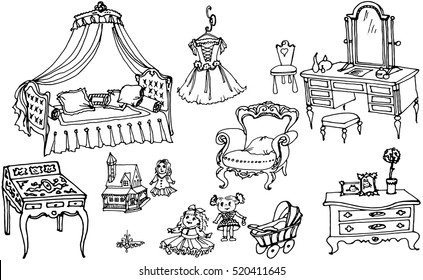 A classic black and white vector sketch captures the essence of a princess's realm. This set includes a canopy bed, dressing table, dresses, dolls, a dollhouse, stroller, chest of drawers, and secreta