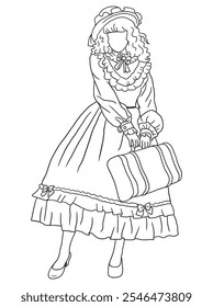 Classic black-and-white artwork depicting a young woman in vintage clothing. A nostalgic, retro-style illustration, ideal for historical, fashion, or artistic themes.