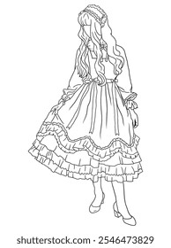 Classic black-and-white artwork depicting a young woman in vintage clothing. A nostalgic, retro-style illustration, ideal for historical, fashion, or artistic themes.