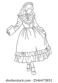 Classic black-and-white artwork depicting a young woman in vintage clothing. A nostalgic, retro-style illustration, ideal for historical, fashion, or artistic themes.