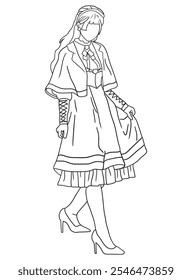 Classic black-and-white artwork depicting a young woman in vintage clothing. A nostalgic, retro-style illustration, ideal for historical, fashion, or artistic themes.