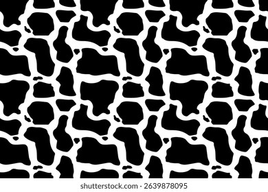 Classic black-and-white cowhide seamless pattern with irregular patches. Ideal for rustic décor, dairy branding, and Western-style graphic projects.