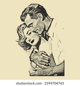 A classic black-and-white vintage illustration of a romantic couple in a passionate embrace, reflecting timeless love.