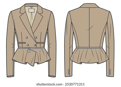 Clásico Blazer ilustración de moda técnica. Chaqueta corta con diseño de moda con cremallera Peplum, doble botonadura, transformador, ajustado, vista frontal y posterior, beige, maqueta CAD para mujer.