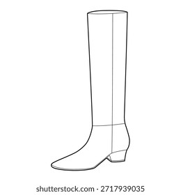 Clásico bloque de talón hasta la rodilla bota de las mujeres de una sola línea par. Eje liso con talón apilado para caminar profesionalmente. Ilustración técnica de la moda Maqueta CAD Vector limpio hombres unisex aislado estilo clásico