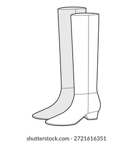 Clássico bloco calcanhar joelho-alta botas mulheres par de esboço. Eixo liso com salto empilhado para desgaste estilo intemporal. Ilustração de moda técnica CAD mockup homens vetor detalhados unisex estilo elegante isolado