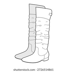 Clássico bloco calcanhar joelho-alta botas mulheres par de esboço. Eixo liso com salto empilhado para desgaste estilo intemporal. Ilustração de moda técnica CAD mockup homens vetor detalhados unisex estilo elegante isolado