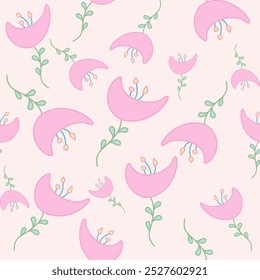 Classic Bloom Pink with Carpel, Bud, Leaf. Sweet Pastel tone Seamless Pattern Vector. Hand draw wild flower illustration for Garment, Apparel, Fabric, Wallpaper, Fashion, Unique, Adorable, baby girl.