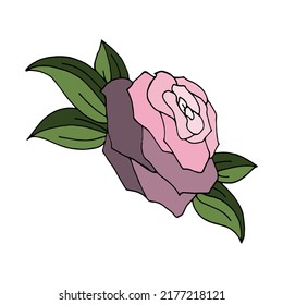 Classic blooming red rose bud isolated on white, vector illustration. Rose flower, blooming plant. Garden rose isolated icon of red, pink and violet blossom and bud with green leaf for romantic