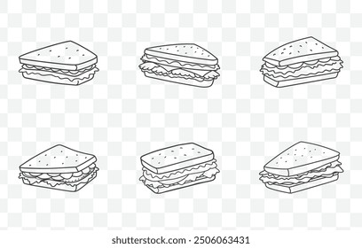 Classic BLT Sandwich Line Art Vector Set Featuring Bacon Lettuce Tomato Illustrations and Food Graphics