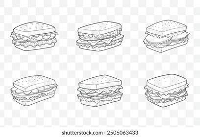 Conjunto de Vector de arte clásico BLT Sandwich Line con Ilustraciones de tomate de lechuga de tocino y gráficos de alimentos