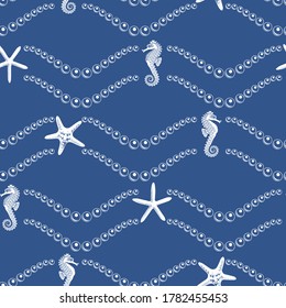 Classic blue abstract sea world seamless pattern. Vector illustration great for textile, vacation themed fabric, stationery, wallpaper, packaging, beach house and garden decor