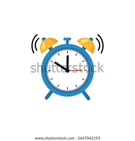 A classic blue alarm clock with yellow bells, showing vibrations to indicate it's ringing. Represents wake-up calls or timely alerts.