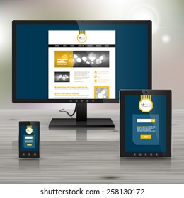 Classic blue application template design for corporate identity with central yellow striped element. Stationery set
