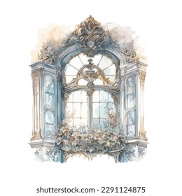 Classic blue architecture of european rococo style framed window in watercolor