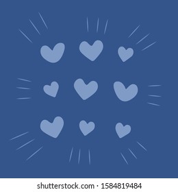 Classic blue background with set of hearts. 2020 color. Wrapping paper, fabric print. Abstract illustration