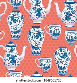 Classic Blue Beautiful Pottery Vector Seamless Pattern