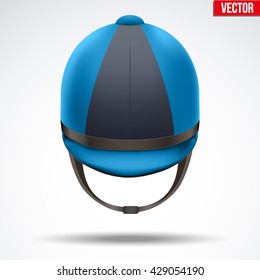 Classic Blue And Black Jockey Helmet For Horse Riding Athlete. Front View Of Sport Equipment. Vector Illustration Isolated On A White Background.