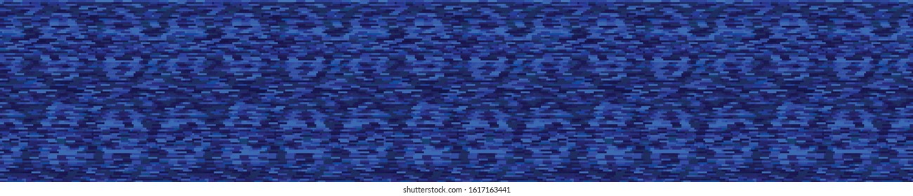 Classic blue blurred vector texture seamless border pattern. Variegated soft blended rough water banner background. Denim indigo masculine grunge abstract. Melange japanese dark mottled effect edge.

