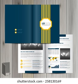 Classic blue brochure template design with central yellow striped element. Cover layout