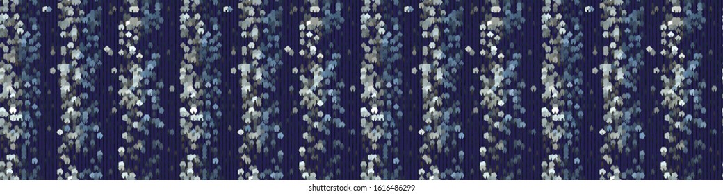 Classic blue broken stripe vector texture seamless border pattern. Variegated soft blended geo dyed banner background. Denim indigo masculine edge. Melange japanese dark geometric effect ribbon trim.