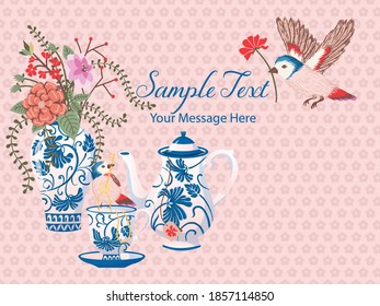 Classic Blue Ceramic Pottery Vector Card Background