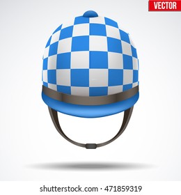 Classic Blue Checkered Jockey helmet for horseriding athlete. Front view of Sport equipment. Vector Illustration isolated on a white background.