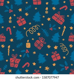 Classic blue Christmas vector seamless pattern with tree, gift, candle, holly, confetti, snow and stars. Vector classic blue seamless illustration. Template for Greeting Scrapbooking, Congratulations.
