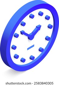 Classic blue clock showing half past eleven, with hour and minute hands moving forward, in isometric view, isolated on white background, representing time management, deadlines, and scheduling