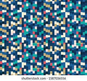 Classic Blue Close Up Mini Pixel Grid MosaicTexture Background. Dark Abstract Macro Seamless Pattern. Indigo, Red and White. Repeat Swatch Tile Vector EPS 10