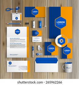 Classic blue corporate identity template design with central rhombus and orange shape. Business stationery