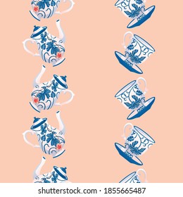 Classic Blue Crockery Vector Seamless Vertical Borders Set