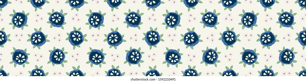 Classic Blue Daisy Floral Millefleur Border Background. Liberty Style Flower Seamless Banner Pattern. Ditsy Elegant Navy Bloom on Dark Midnight Textile Edge Trim. Classy Washi Tape Vector EPS 10