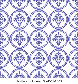 Motivos clásicos de flores de lis azules dispuestos en medallones circulares sobre fondo blanco. Patrón vintage perfecto para el Fondo de pantalla, textil, papel digital y diseño de embalaje de lujo.