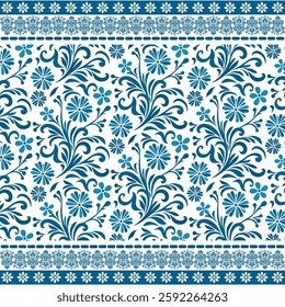 classic blue floral seamless pattern with an antique border design for decorative projects
