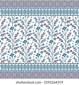 classic blue floral seamless pattern with ornamental border for vintage fashion and wrapping
