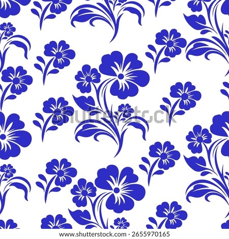 Classic Blue Floral Seamless Pattern, White Background