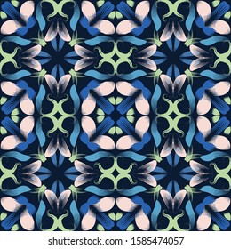 Classic Blue Floral Symmetry Motif Background. Dark Abstract Flower Leaf Mosaic Seamless Pattern. Elegant Exotic Tropical Bloom Stained Glass Effect Indigo Textile . Repeat Illustration Vector EPS 10