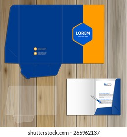 Classic blue folder template design for corporate identity with central rhombus and orange shape. Stationery set