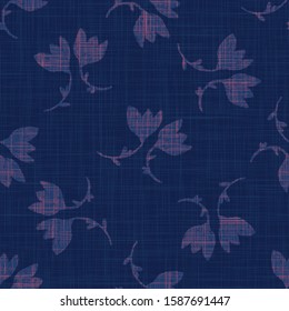 Classic Blue French Linen Flower Texture Background. Dark Denim Blu Dye Fibre Foral Seamless Pattern. Close Up Weave Effect Fabric for Masculine Jeans Textile Wallpaper, Packaging. Vector EPS10 Repeat