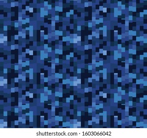 Classic blue geometric pixel mosaic seamless texture pattern. Variegated grunge geo background. Denim dark indigo dyed bleach mark fabric texture. Melange masculine shirting repeat vector swatch.