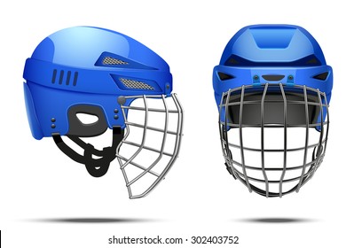 Classic Blue Goalkeeper Hockey Helmet with metal protect  visor. Front and side view. Sports Vector illustration isolated on white background.