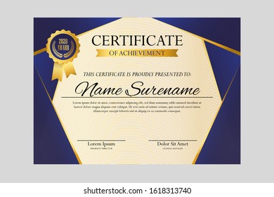 Classic Blue With Gold Certificate Template Design For Award, Appreciation, etc