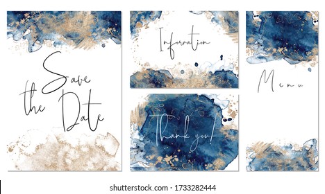 Classic Blue And Gold Wedding Set With Hand Drawn Watercolor Background. Includes Invintation, Menu, Information And Thank You Cards Templates. Vector Set